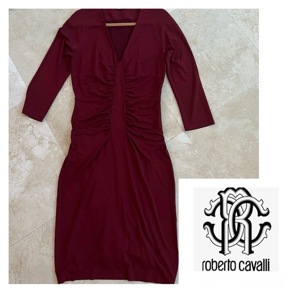 Roberto Cavalli V Neck Burgundy Gathered Accents Midi Sheath Dress - Picture 2 of 11